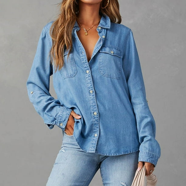 Camisa vaquera Augper para mujer, camisa vaquera Chambray para mujer, camisas occidentales, blusas de manga larga con botones