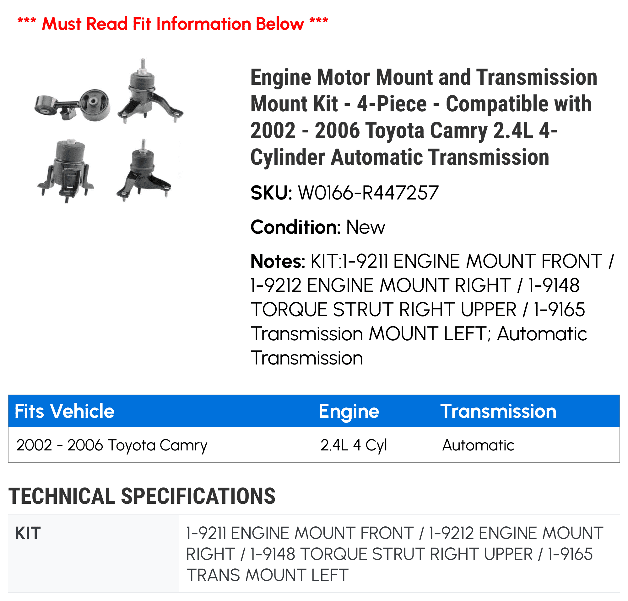 Engine Motor Mount and Transmission Mount Kit - 4-Piece - Compatible with 2002 - 2006 Toyota Camry 2.4L 4-Cylinder Automatic Transmission 2003 2004 2005