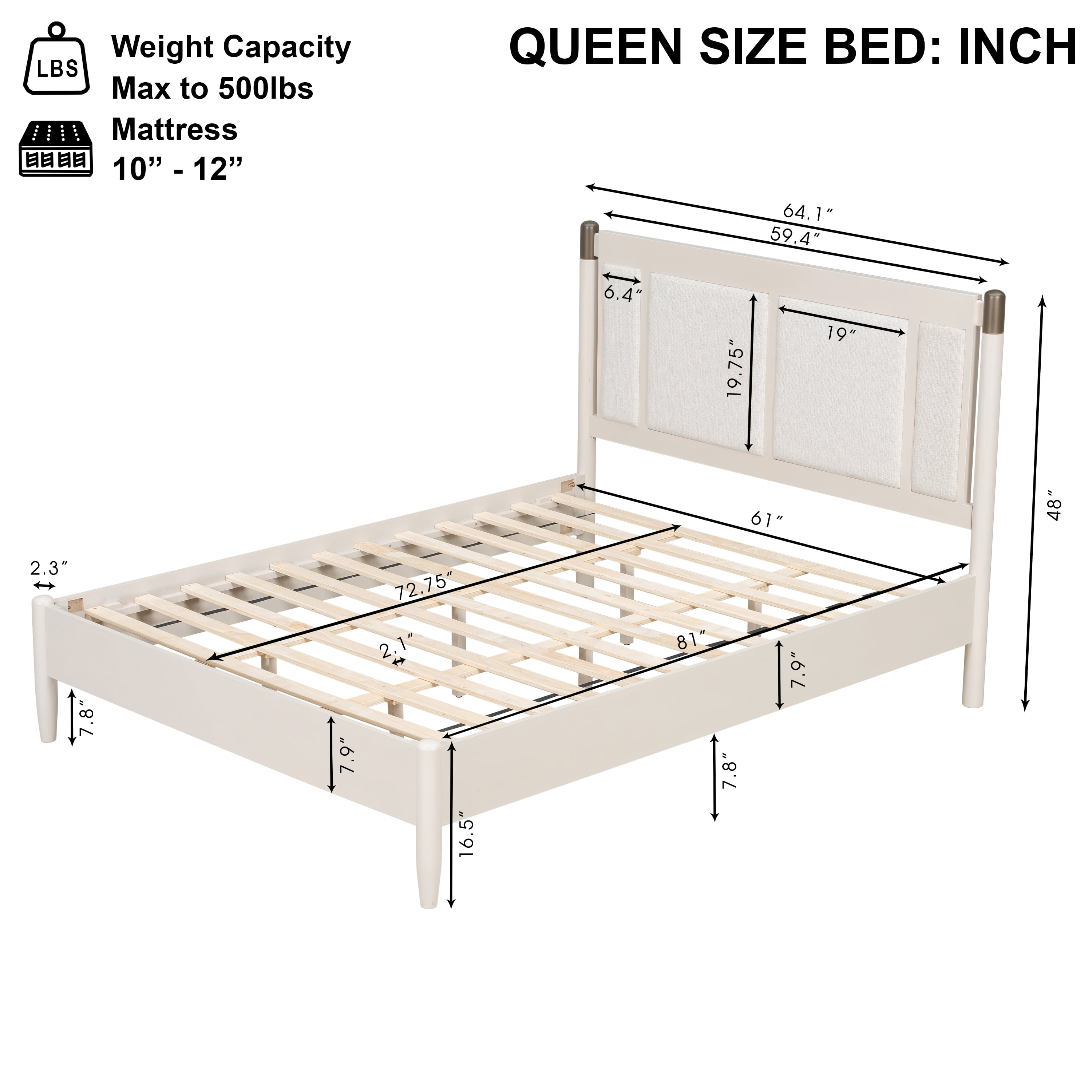 Queen Bed Frame 81 Inch, Solid Wood Platform Bed with Upholstered Headboard and Metal Handles, Heavy Duty Bed Frame with 500 lbs Support, Grey