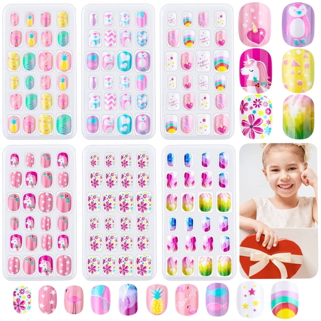 Uñas postizas adhesivas Thrilez 144 piezas para niñas y niños, arcoíris