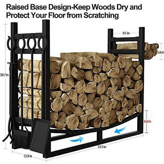 Amagabeli Garden Home Large Firewood Rack With Fireplace Tools Set Wood Rack Wrought Iron Indoor Outdoor Kindling Log Holder Heavy Duty Wide Wood Storage Log Rack Accessories Shovel Poker Tongs Broom