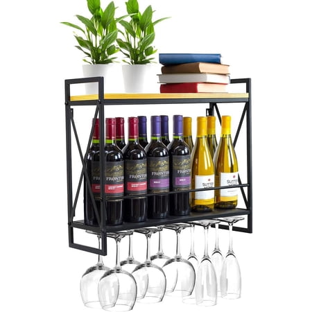 QHTER Wine Bottle Stemware Glass Rack Industrial 2-Tier Wood Shelf Wall Mounted Wine Racks with 5 Stem Glass Holders for Wine Glasses Flutes Mugs Home Décor Metal