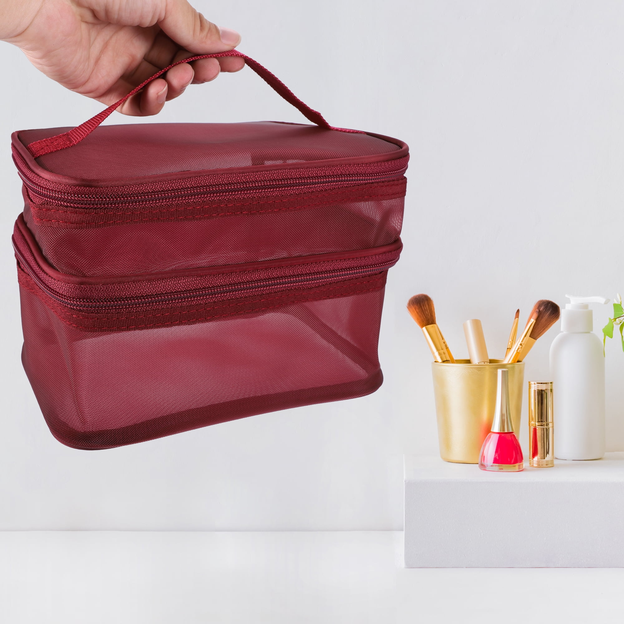 Unique Bargains Floral Makeup Bag Zipper Flower Cosmetic Pouch Red