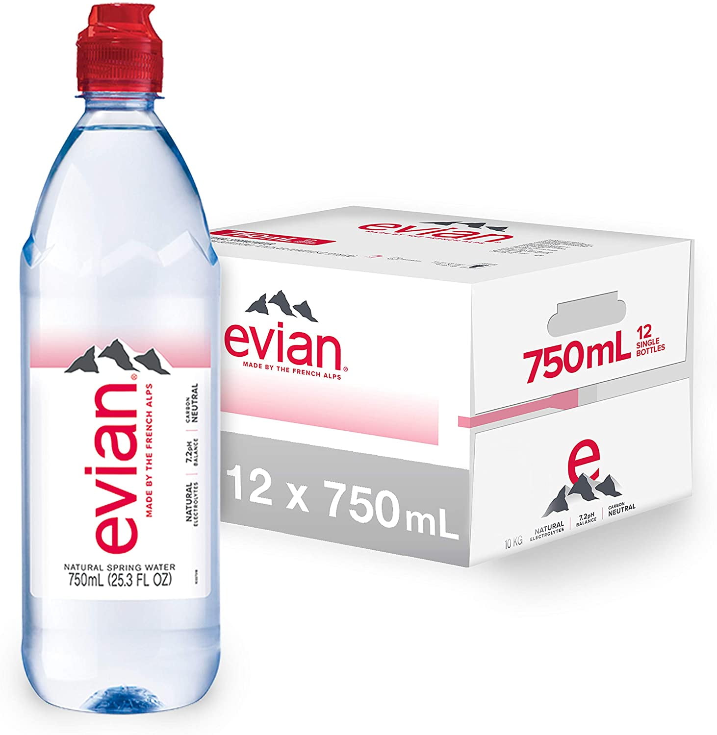 evian Water Bottle with Sports Cap, 750ml (Pack of 12)