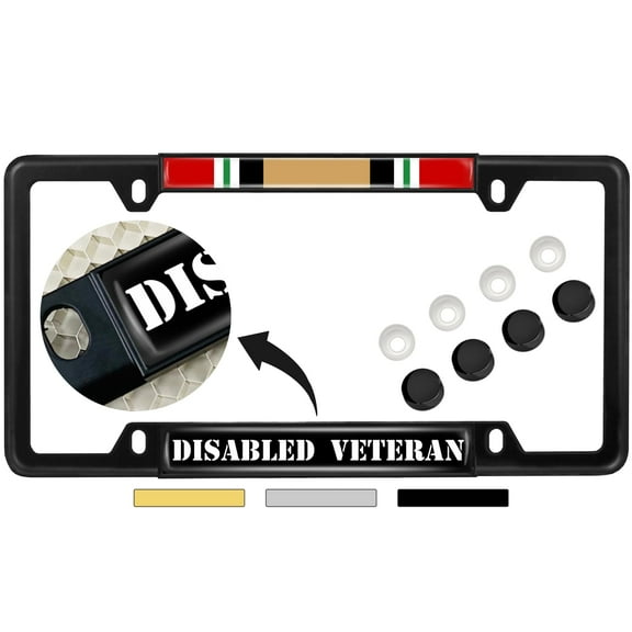 Iraq War Disabled Veteran - Domed Custom-Made Personalized Narrow (Thin) Top 4 Hole Metal Car License Plate Frame with Free caps - Black Frame (Qty: 1)