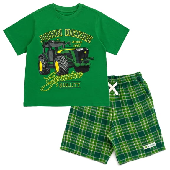 John Deere Tractor T-Shirt and Shorts Outfit Set Plaid Toddler to Big Kid