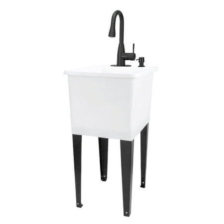 TEHILA Space Saver 16 Gallon White Utility Sink with Black Pull-Down Faucet with Pause Mode