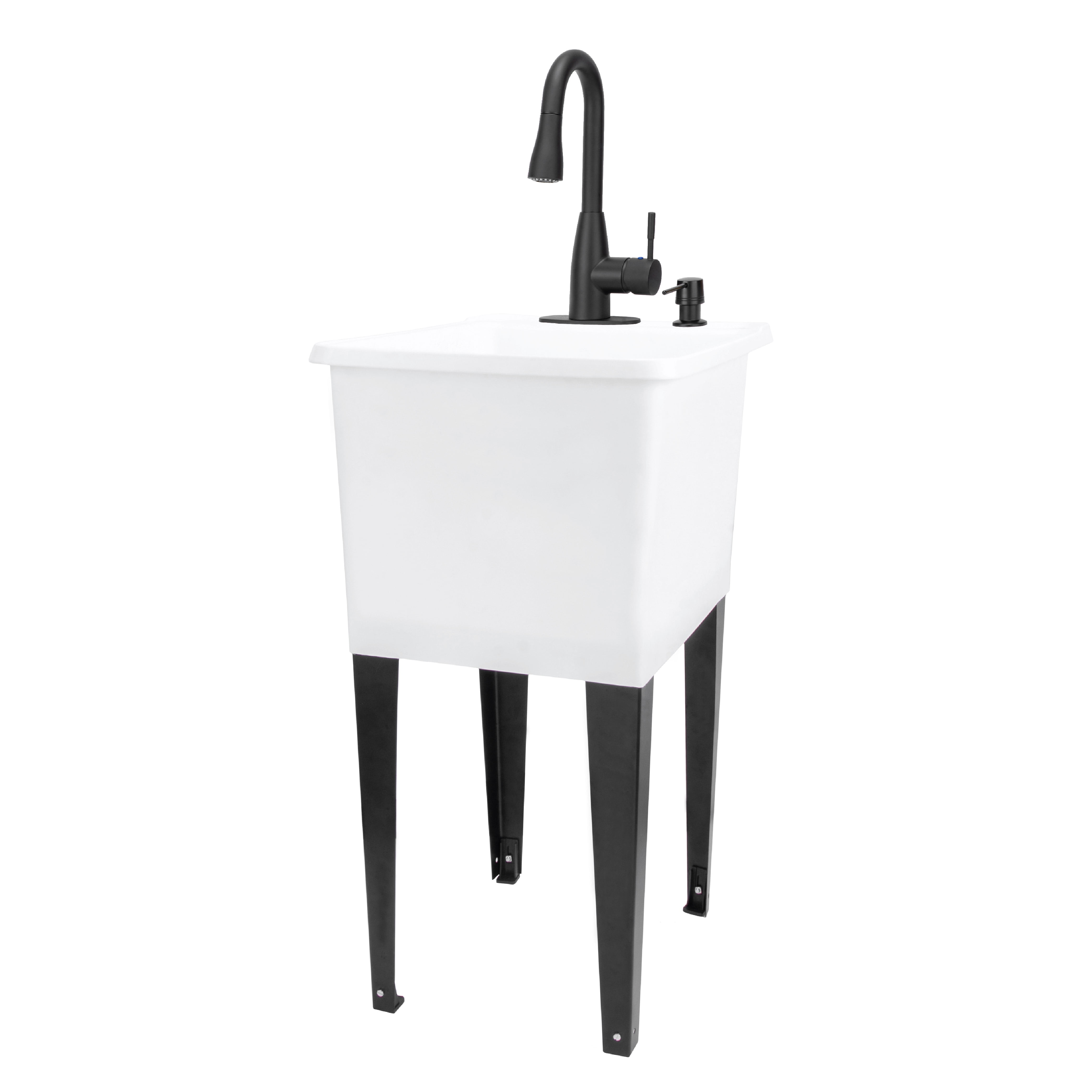 TEHILA Space Saver 16 Gallon White Utility Sink with Black Pull-Down Faucet with Pause Mode