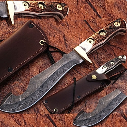 White Deer Custom Made Damascus Steel Gut Hook Hunting Knife W/ Stag Handle
