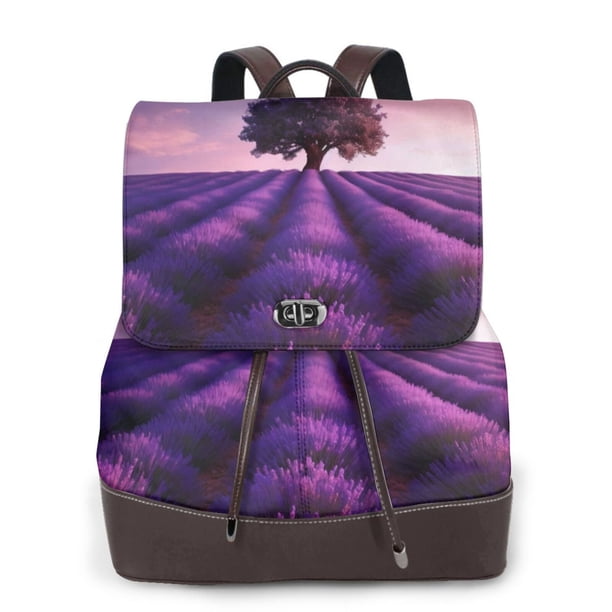 Easygdp Lavender Field Sunset Mochila de Cuero para Mujeres, Bolso de Hombro, Bolsos de Mano de Moda para Trabajo y Viajes