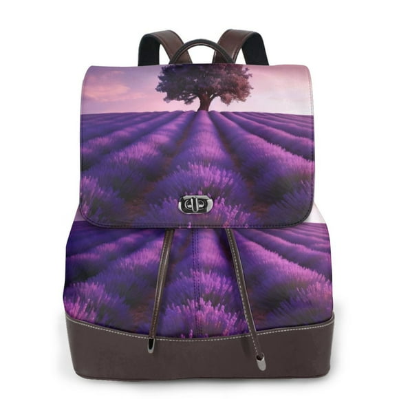 Easygdp Lavender Field Sunset Print Leather Backpack Purse Ladies Shoulder Bag Fashion Work Travel Handbags for Women