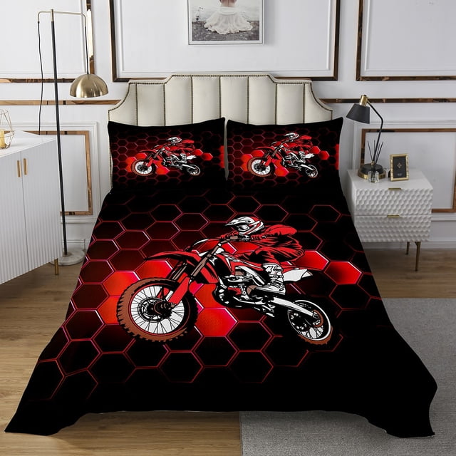 Erosebridal Ensembles de Couvre-Lit de Motocross pour Lit Très Grand, Ensemble de Literie de Motocross, Noir Rouge, 3 Pcs