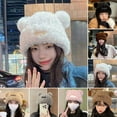 thumbnail image 2 of Mosey Women Winter Hat Cartoon Bear Ear Decor Thick Plush Pure Color Elastic Thick Warm Windpoof Soft Fuzzy Anti-slip Lady Beanie Cap, 2 of 8