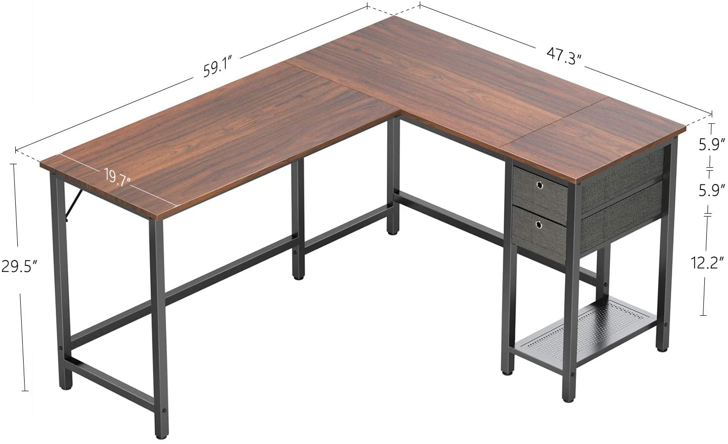 CubiCubi 59.1 Modern L Shaped Desk, Computer Table with Drawer, L Table  Desk, Home Office Corner Desk with Small Table, Brown Finish
