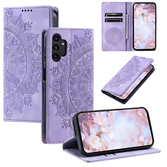 Case for Samsung Galaxy A13 4G Wallet Case for Women Girls with Card Holder, Embossed Flower Pattern Magnetic Flip PU Leather Purse Protective Phone Cover for Samsung Galaxy A13 4G, Purple