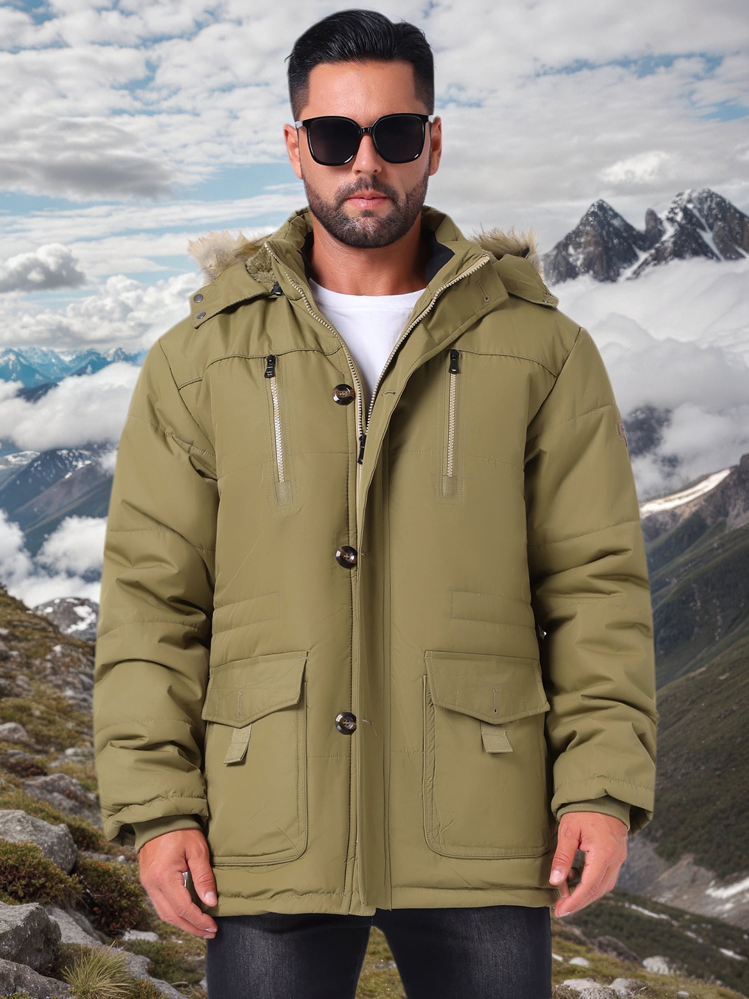 DARING DIVA Men's Warm Coat Fleece Lined Thicken Hooded Parka Jacket M Yellow Green
