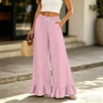 thumbnail image 2 of Sewkxo Womens Wide Leg Pants Drawstring Elastic High Waisted Ruffle Hem Palazzo Pants with Pockets,Pink S, 2 of 6