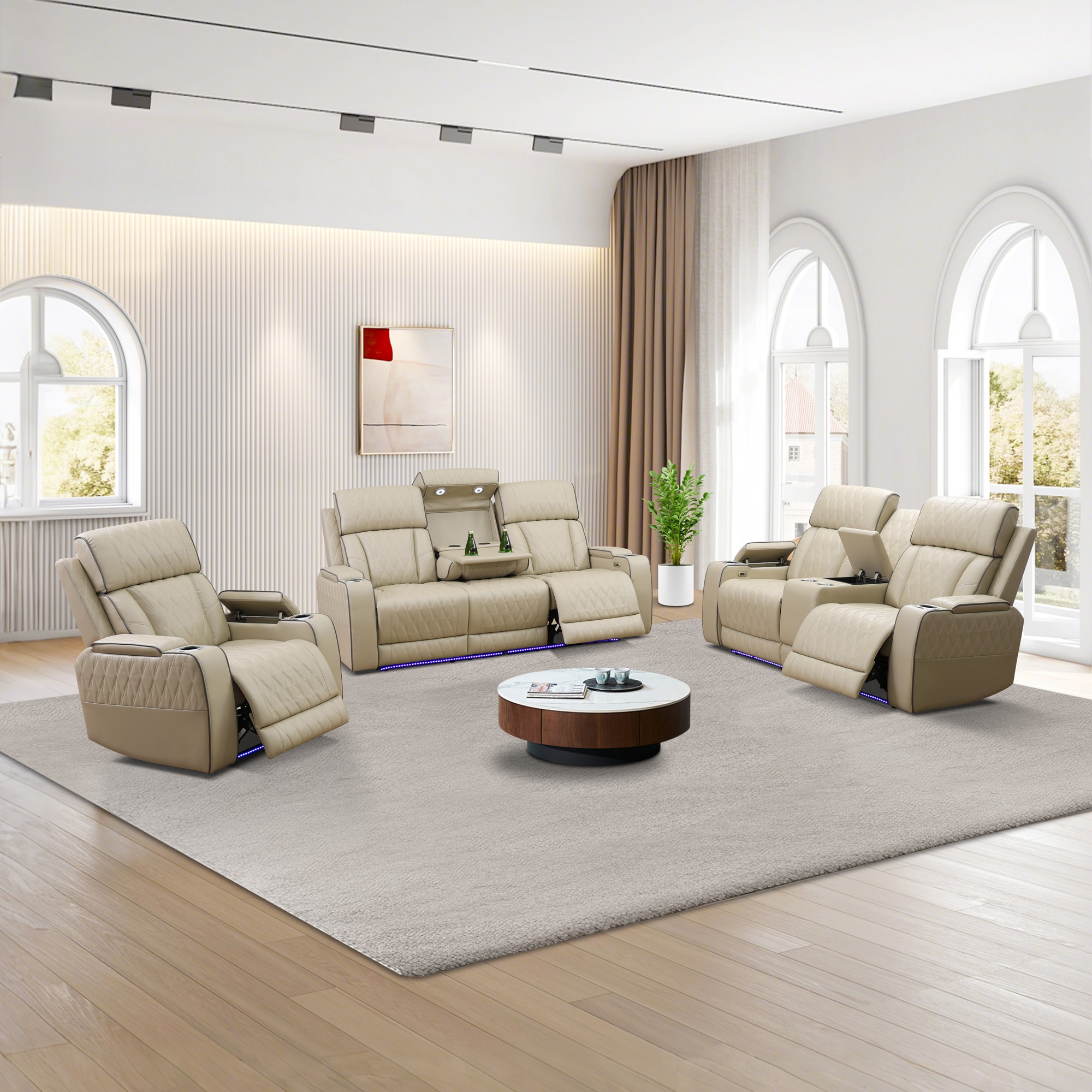 Gewnee Power Recliner Sofa Set with LED,Wireless Charging, Air Leather Living Room Furniture, Reclining Leather Sofa with Usb Ports/Cup Holders/Armrest Storage