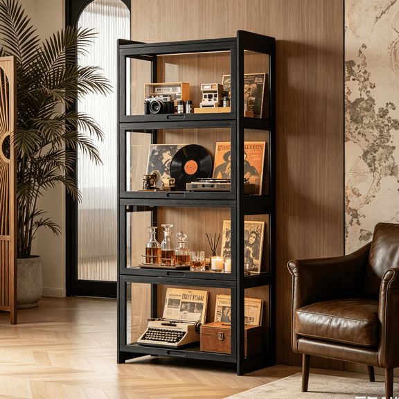 Magshion Modern 55" 4-Tier Transparent Display Cabinet with Acrylic Flip Door, Floor Standing Showcase Bookshelf, Curio Cabinet Collection Display Case for Living Room Bedroom Home Office, Black