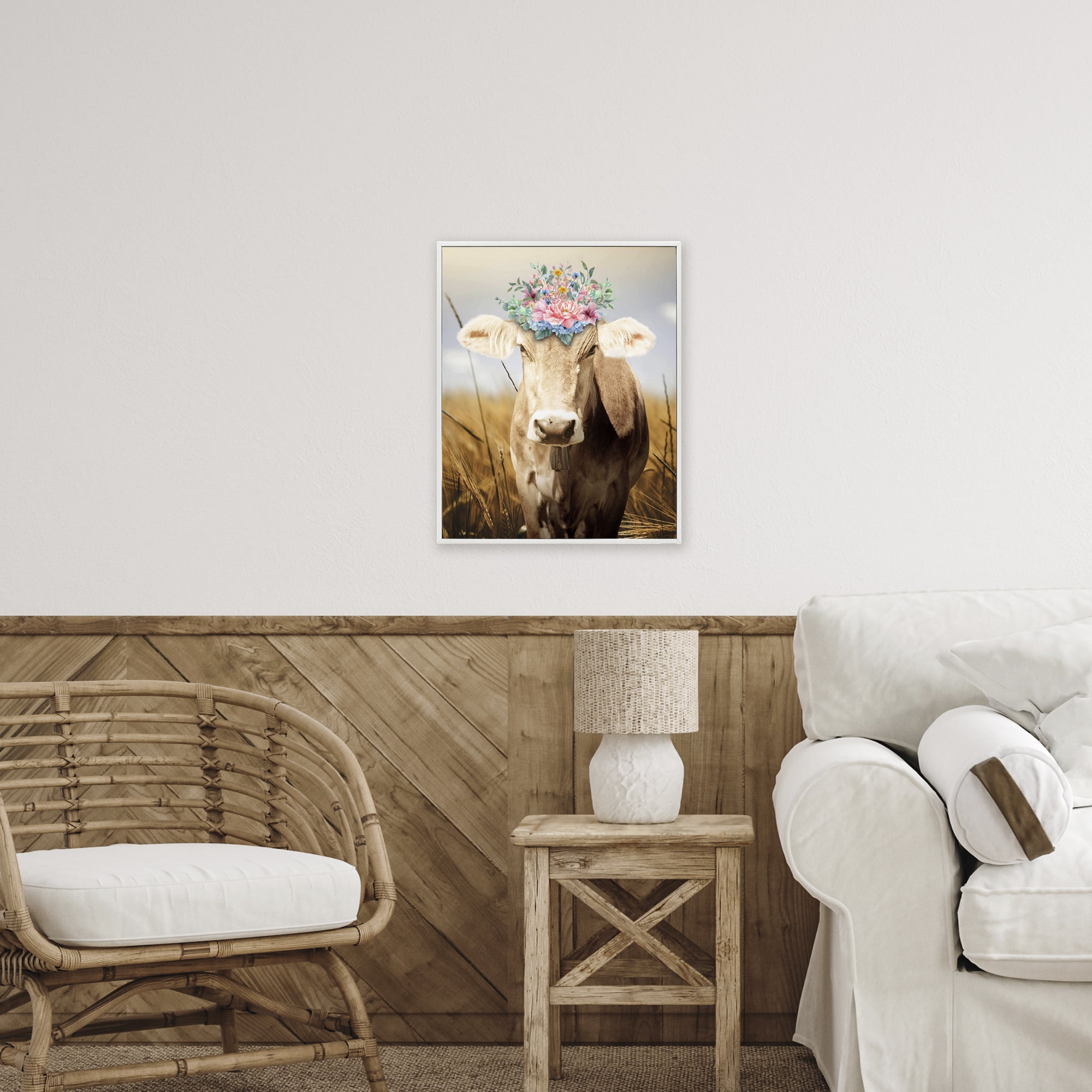 Stupell Industries Chatty Belle Cow with Florals White Framed Giclee Art, design by Marcus Prime