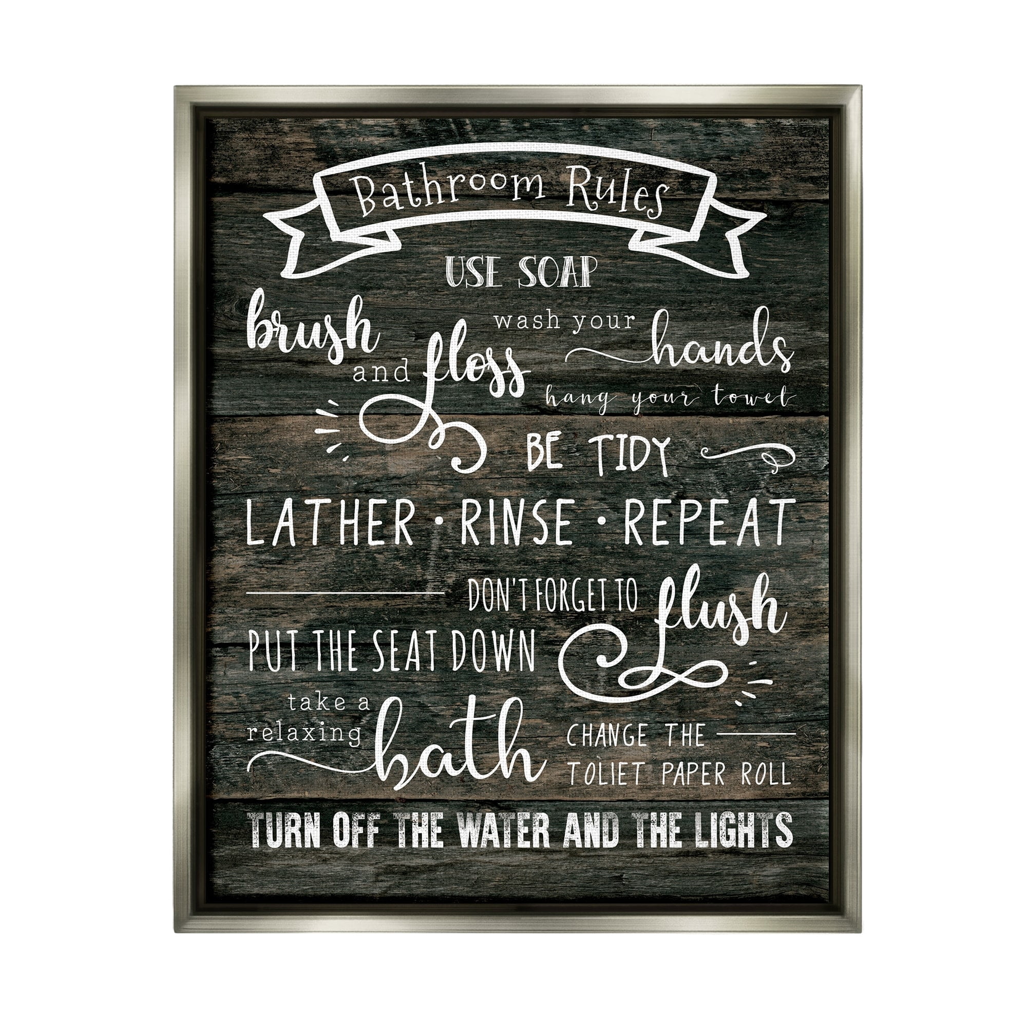 Stupell Industries Rustic Bathroom Rules Sign Good Hygiene List Luster Gray Framed Floating Canvas Wall Art, 24x30, by CAD