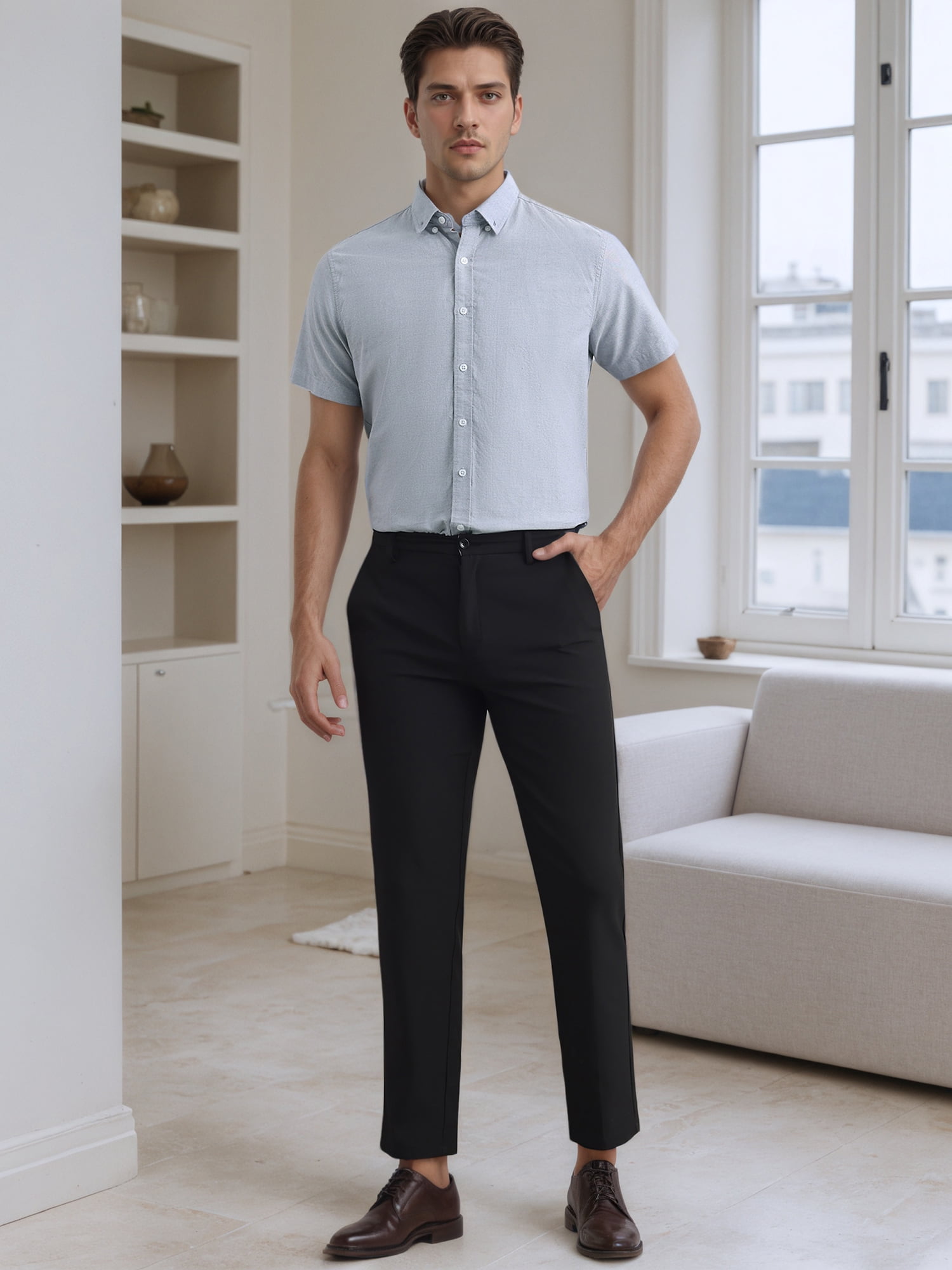 Unique Bargains Men's Short Sleeve Cotton Regular Fit Button Down Formal Shirt M Gray