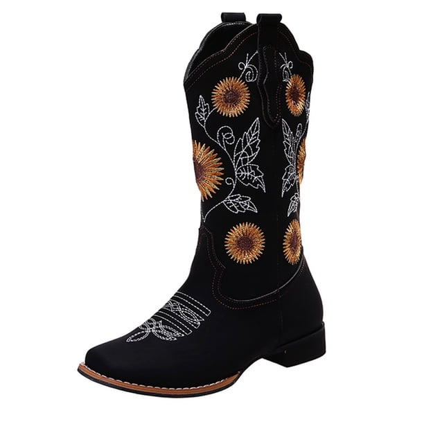 Ferndule Botas de vaquero para mujer Botas occidentales de media pantorrilla Botas de tacón grueso Botas de vaquera de girasol vintage