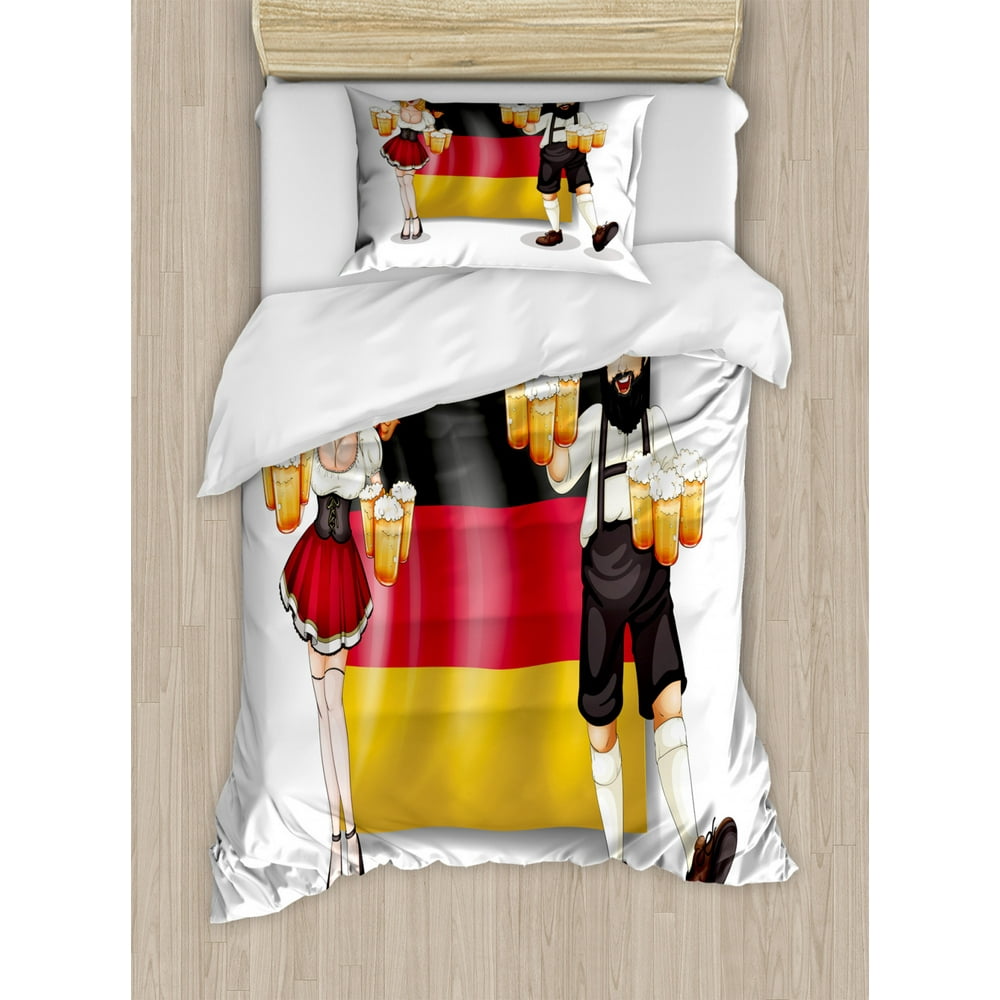 German Twin Size Duvet Cover Set, German Flag with Man and Woman in Traditional Clothes European