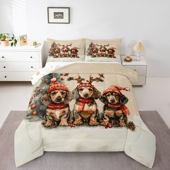 Homewish Cute Cartoon Dachshund Bedding Comforter Set,Kawaii Puppy Dogs Twin Comforter Sets,Merry Xmas Bedding Set For Girl Boys,Ultra Soft Room Decor Reversible,2 Pieces