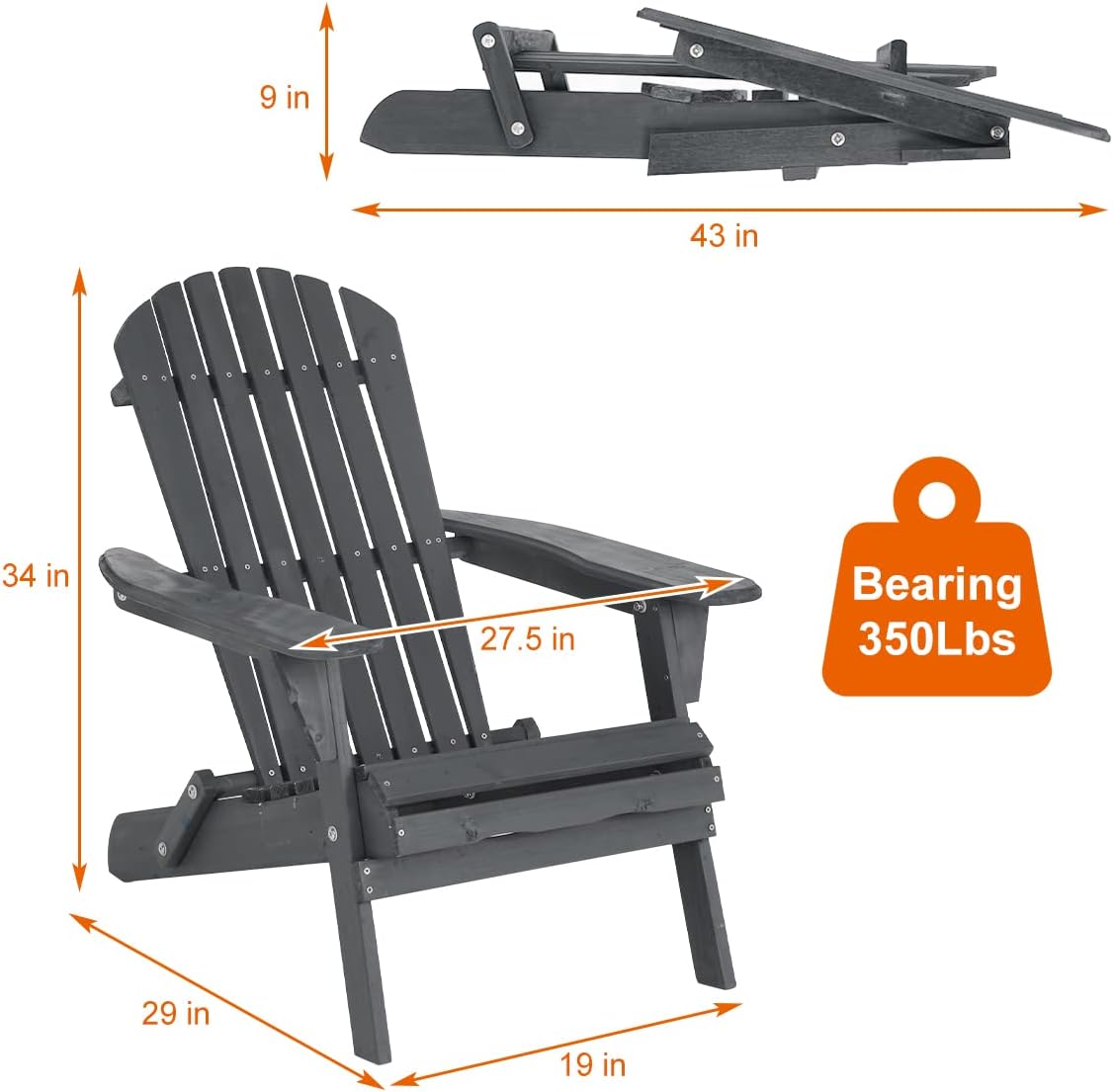 Dkelincs Folding Adirondack Chair Set of 2 Weather Resistant Patio Lawn Chair Wooden Outdoor Chairs for Garden Backyard, Grey