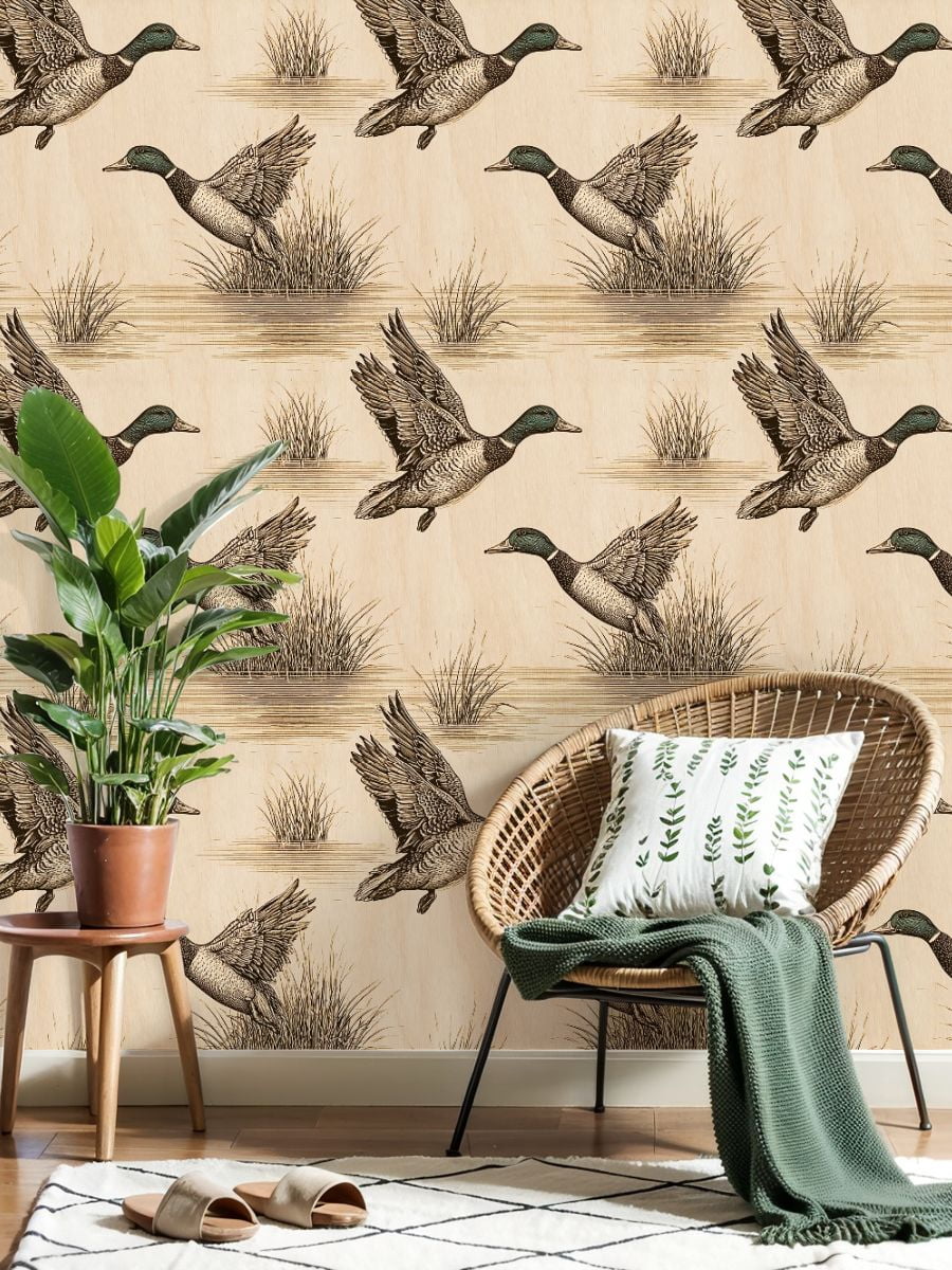 Peel and Stick Wallpaper Vintage Ducks Grasses Rustic Wood Wall Mural 23.6in x 9.8ft Self Adhesive Removable Wall Paper Renter Friendly Wallpaper for Nursery Bedroom Cabinets