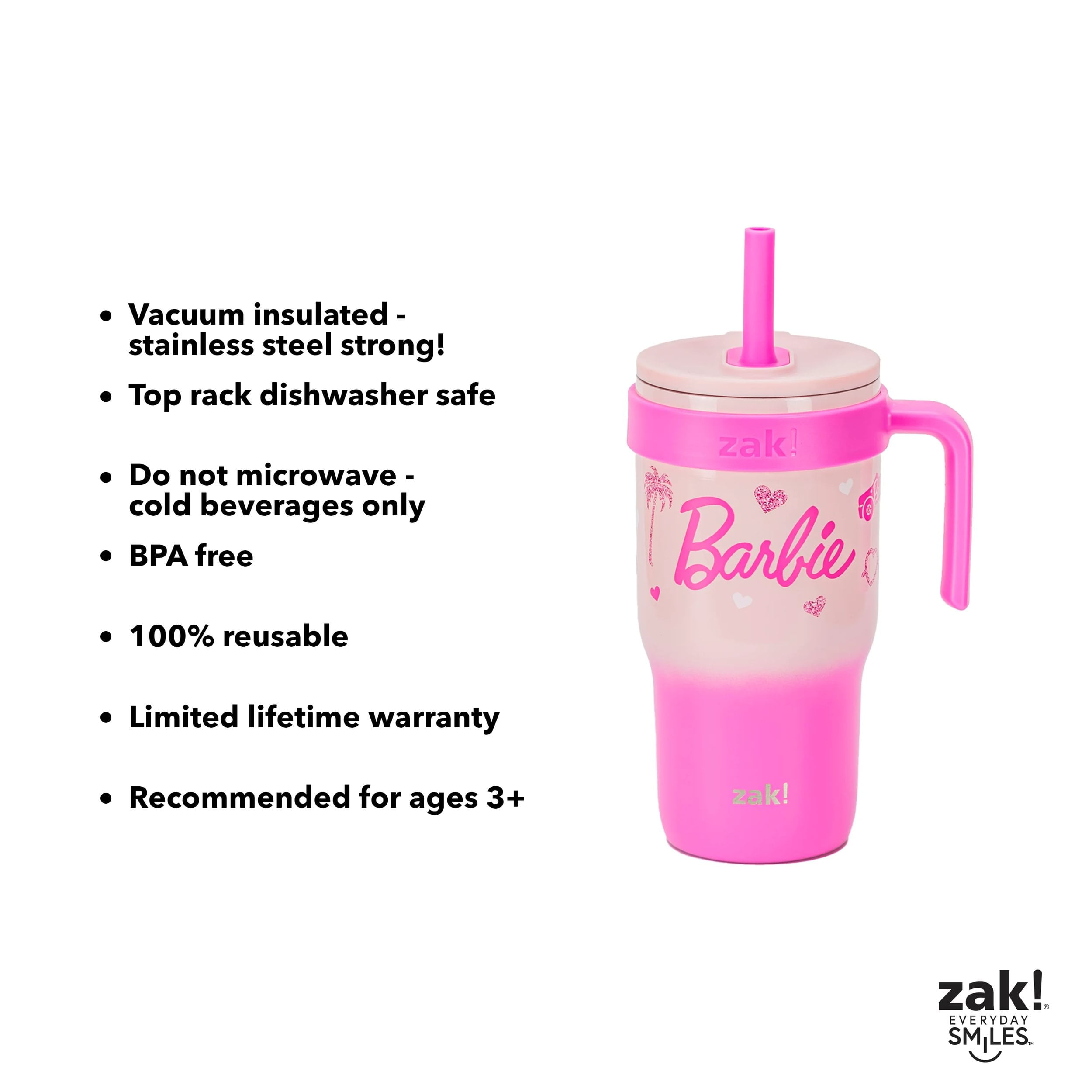 (3 pack) Zak Designs 18oz Barbie Kids Straw Handle Tumbler, Stainless Steel Vacuum Insulated Cruiser Tumbler with Silicone Straw Utilizing Leak-Proof Valve, Travel Straw Tumbler with Handle