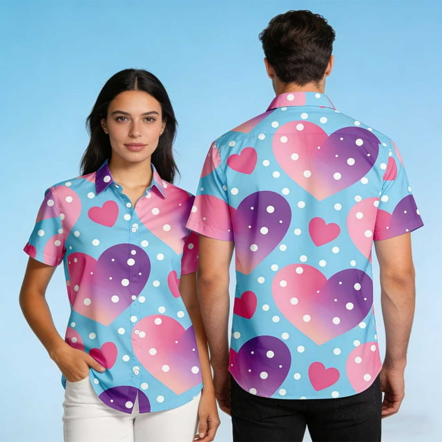 TaTaai Chemise Décontractée Imprimée pour Hommes et Femmes à Manches Courtes Col Rabattu, Cadeau Élastique Doux pour la Saint-Valentin et Noël