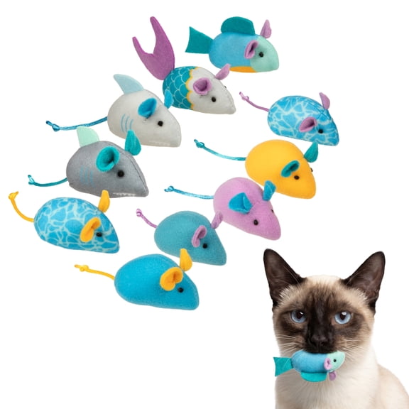 Instincts by SmartyKat Sea Life Skitters Catnip and Silvervine Cat Toys, Set of 10, Small Plush Mice with String Tails