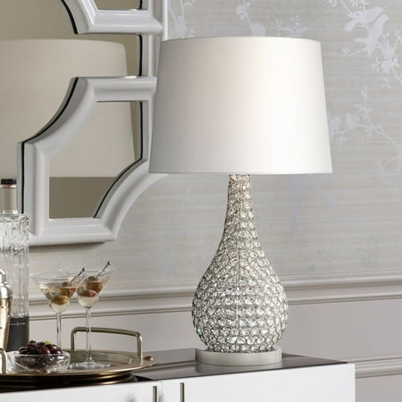 Euro Tail Lamps Crystal - Possini Euro Design Modern Table Lamp Crystal Beaded Silver Gourd White Drum Shade for Living Family Room Bedroom Bedside