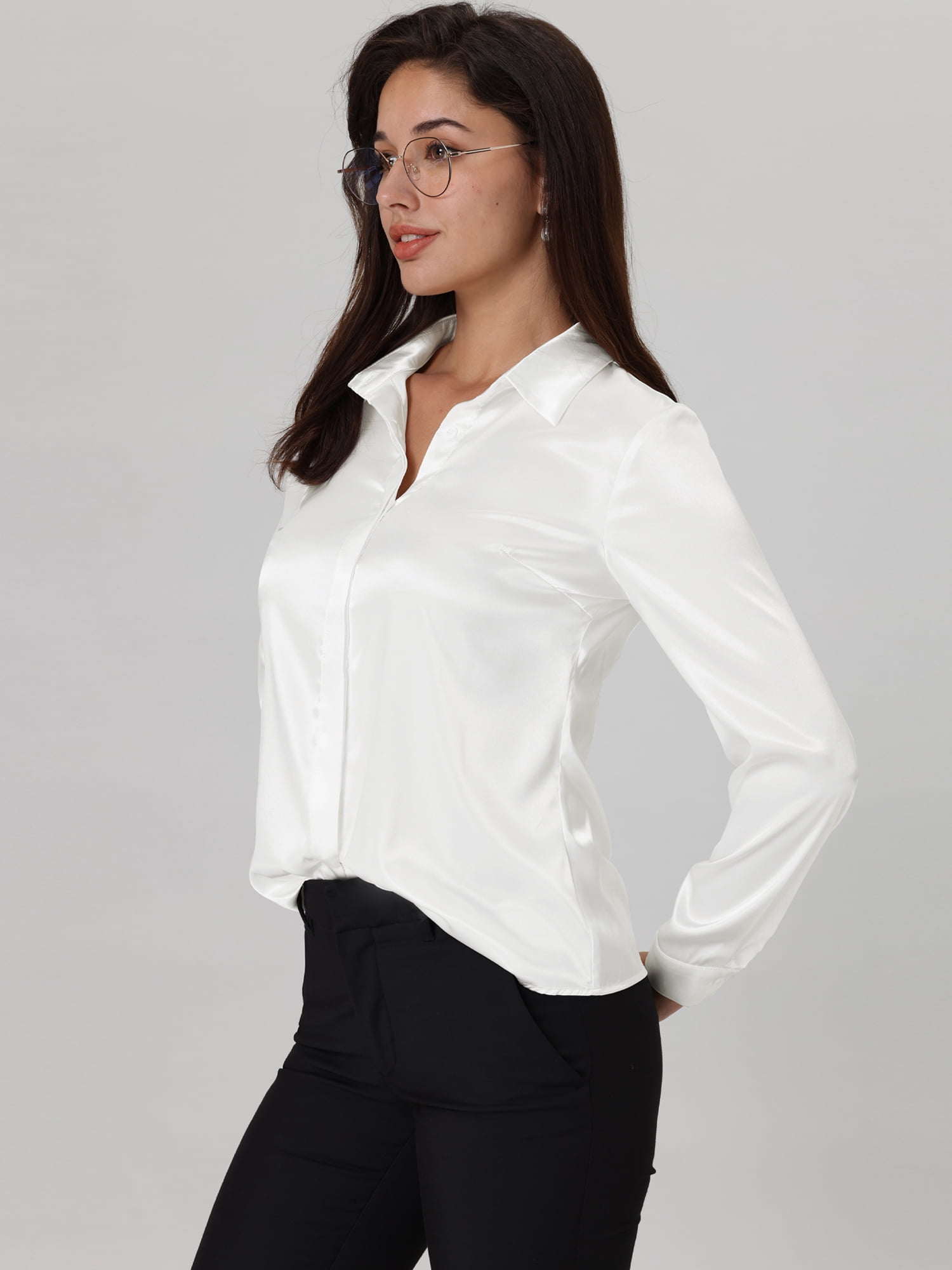 Unique Bargains Women's Lapel V Neck Long Sleeve Silk Office Work Top XL White