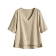 thumbnail image 7 of CYMMPU Women's Summer Linen Blend 2-Piece Outfit, V-Neck 3/4 Sleeve Top with Drawstring Pants, Casual Loungewear Set Beige S, 7 of 7