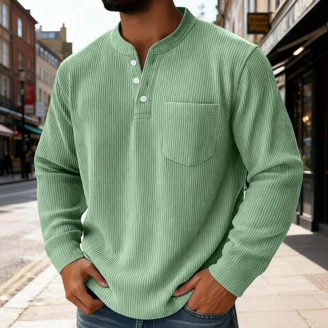 Ceisia Men's Spring Gift Casual Solid Color Button-Up Round Neck Long Sleeve Shirt - Comfortable Daily Outdoor Wear