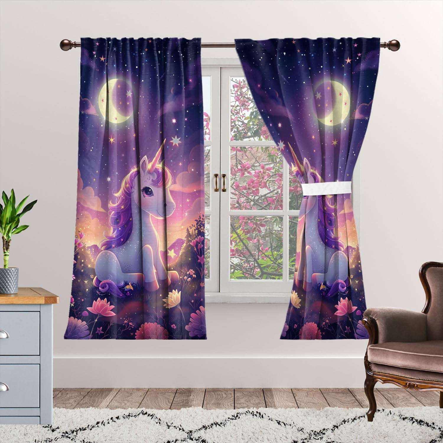 Cartoon Unicorn Blackout Curtains for Kid Girls Boys Bedroom, Stars Moon Dreamy Fantasy Cute Rod Pocket Window Drapes for Bedroom Living Room, W84 x L84 Inch
