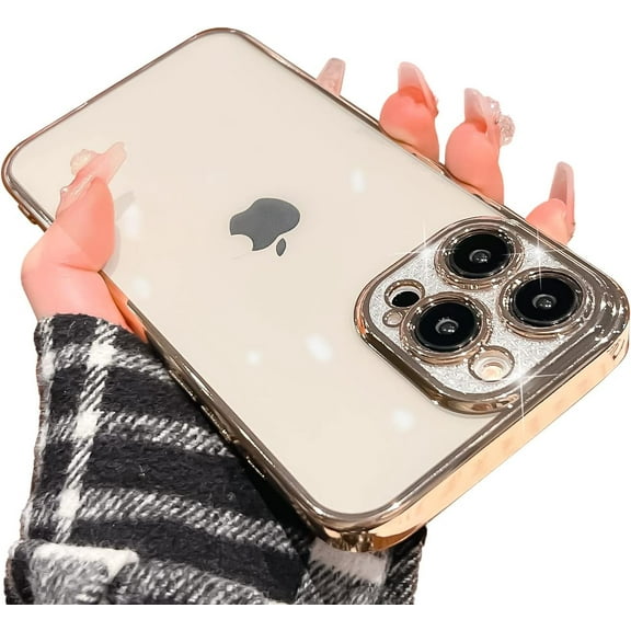 Clear Case for iPhone 14 Pro Max Case Glitter,Luxury Cute Sparkle Rhinestone Case with Bling Design for Women Girly,Gold,6.7 Inch