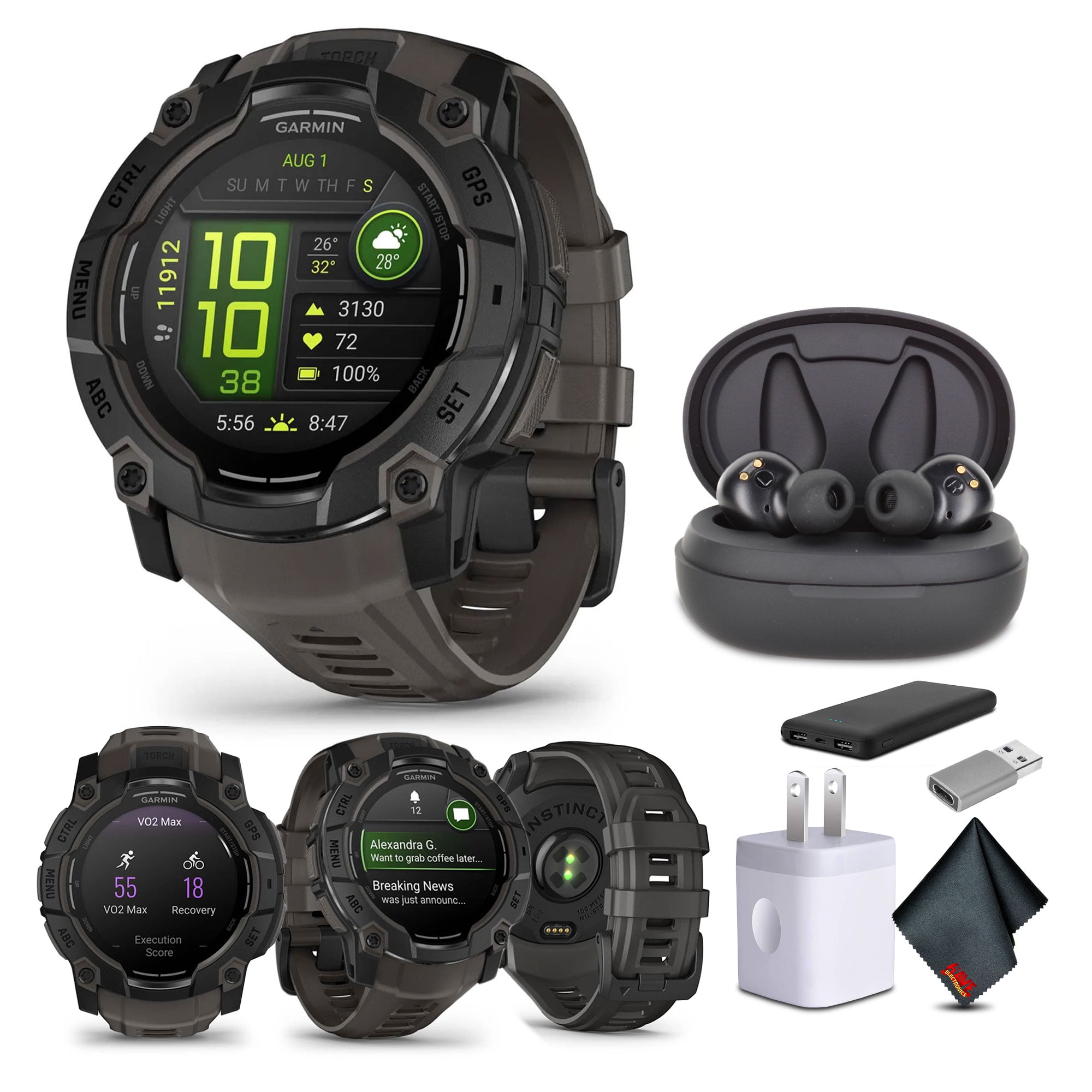 Garmin Instinct 3 50mm AMOLED Display Outdoor GPS Smartwatch Charcoal (010-03020-00) Earbuds Bundle