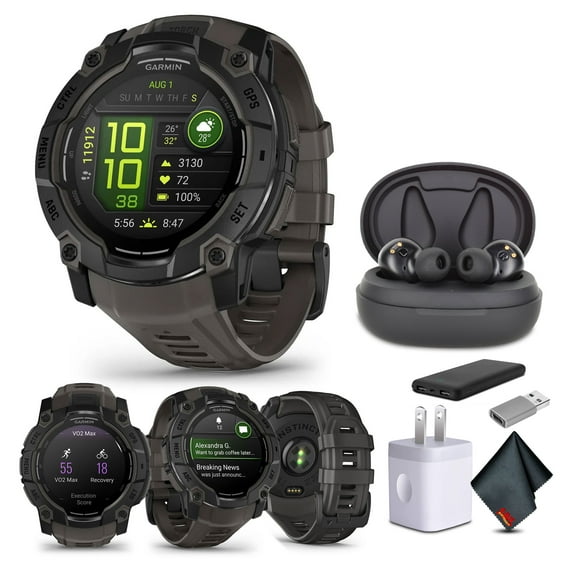 Garmin Instinct 3 50mm AMOLED Display Outdoor GPS Smartwatch Charcoal (010-03020-00) Earbuds Bundle