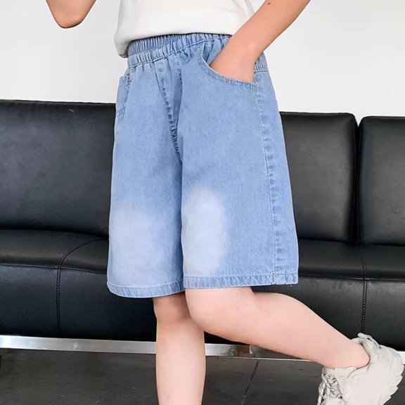 UACY Girls Jean Shorts Elastic Waisted Long Denim Short Knee Length Baggy Jeans Jorts with Pockets