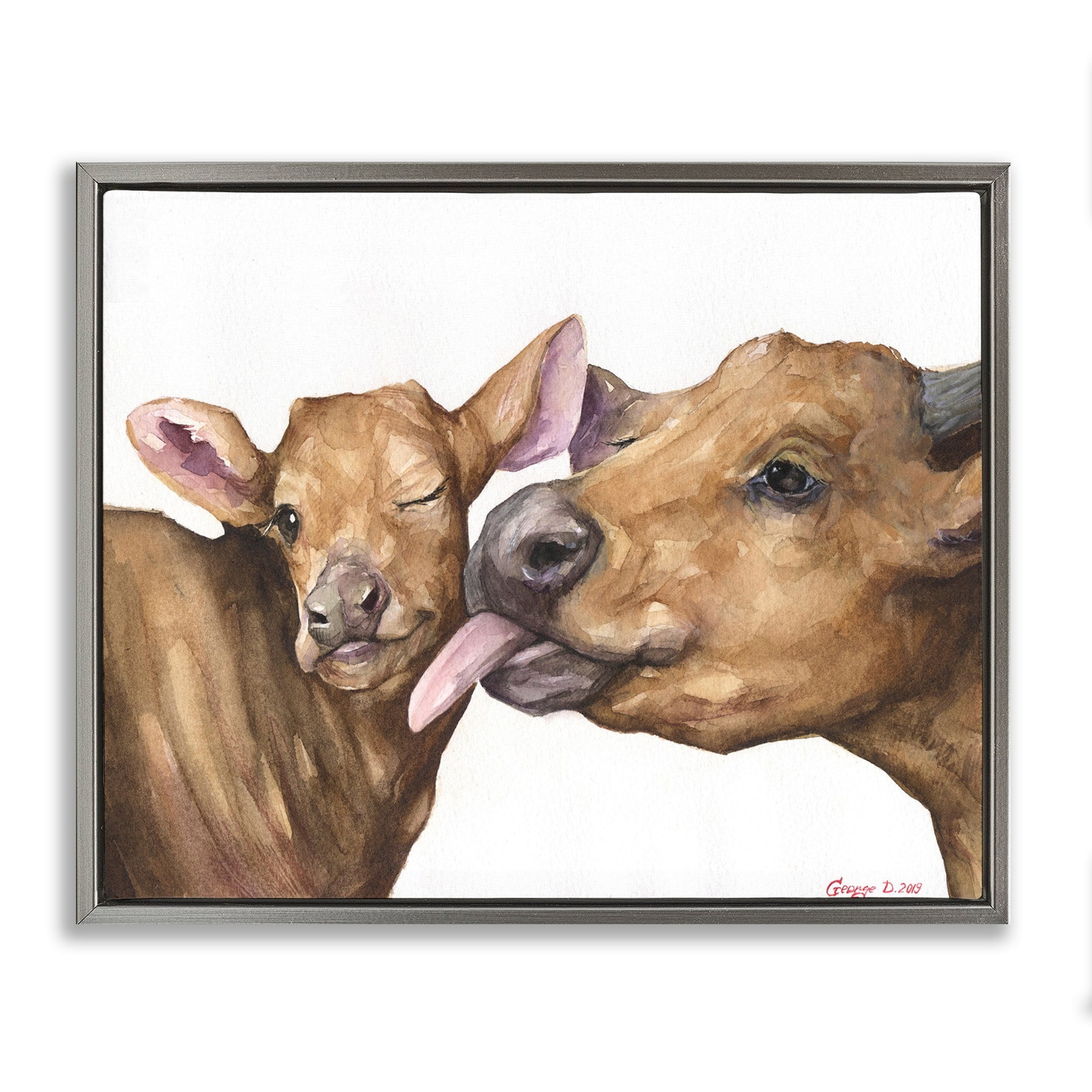 Stupell Industries Baby Cow Family Animal Watercolor Painting Luster Gray Framed Floating Canvas Wall Art, 16x20, by George Dyachenko