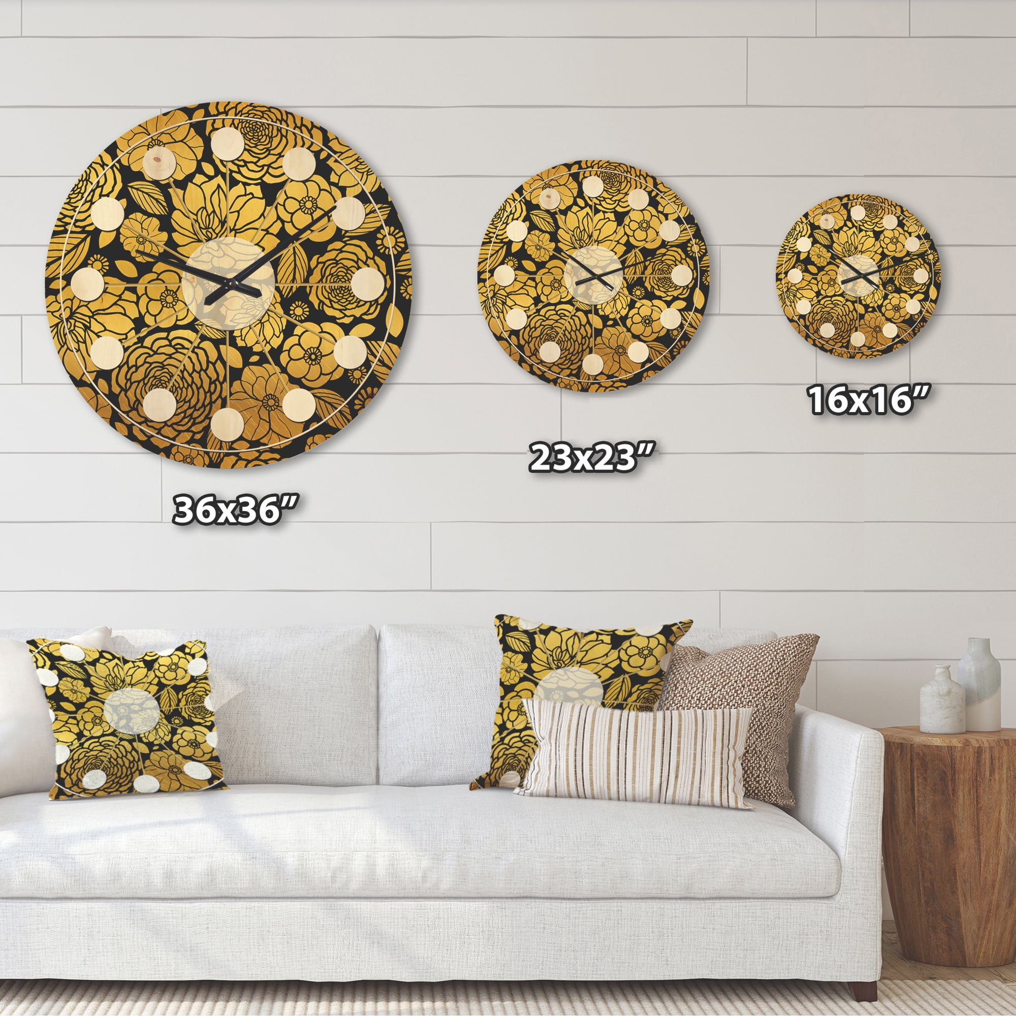 Designart 'Golden Floral Retro II' Mid-Century Modern Wood Wall Clock