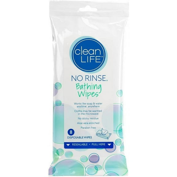 CleanLife No Rinse Bathing Wipes, Alcohol-free, 8 x 8 in, Scented, 8 Wipes per Soft Pack, 1 Count