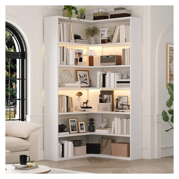 Corner Bookshelf, 71” Tall L-Shaped Bookcase with Storage, White - 7 Tier Corner Shelf for Living Room, Bedroom, Office - Maximize Space with LED Light Strips