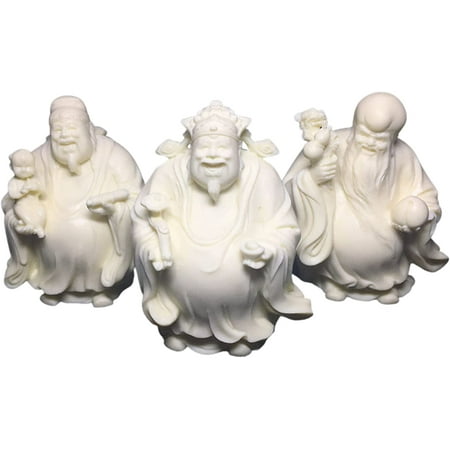 LANGM ERNZI Fu Lu Shou Statue Sculpture Fuk LUK Sau Statue Sculpture Set Feng Shui Ornaments Three Lucky Gods Chinese Statue Sculpture Set Housewarming Gifts for New Home White These three-star gods represent happiness and prosperity status and authority health and longevity.Wonderful gift for home and office decoration. Feng Shui Fuk Luk Sau/Fu Lu Shou Statue Material:Fruit powder squeezing process with excellent workmanship durable and unique. The Chinese firmly believe that if you put the three-star gods-Fuk Luk Sau-the gods of health wealth and prosperity prominently in your dining and living room they will symbolize great fortune for the family.These Star Gods are rarely worshiped on an altar. God of rank and wealth  Lu (left) holds a child to symbolize self-improvement God of happiness and wealth  Fu (center) carries a ru yee  which symbolizes wealth the god of longevity and health  Shou (right) holds a peach which symbolizes immortality. Ideal gift for housewarming birthday business opening New Year Christmas holidays and other occasions.