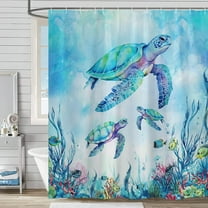Beach Sea Turtle Shower Curtain, Blue Coastal Ocean Beachy Tropical Fish Fabric Shower Curtains Set for Kids Bathroom Decorative with Hooks 72 X 72 inch Nautical Aqua Bath Decor