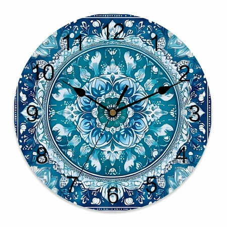 Silent Wall Clocks Battery Operated, Boho Retro Round Decorative Wall Clock for Living Room Bedroom Kitchen Bathroom Classroom Decor, 14 Inch Ethnic Tribal Floral Pattern Turquoise Teal